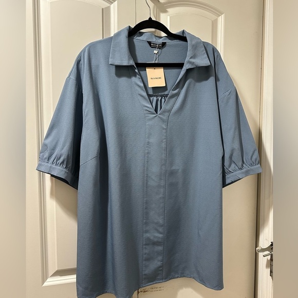 BloomChic Plus Size Plain Lapel Collar Gathered Puff Sleeve Blouse - Picture 2 of 7